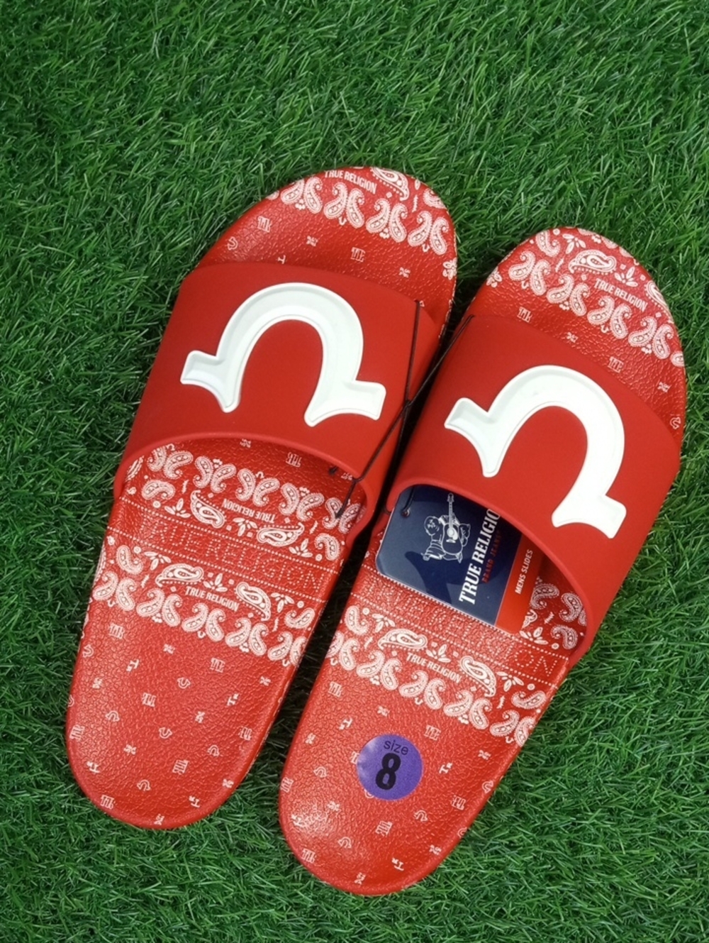 👔🍒 True Religion Red Paisley Men's Slide Sandals